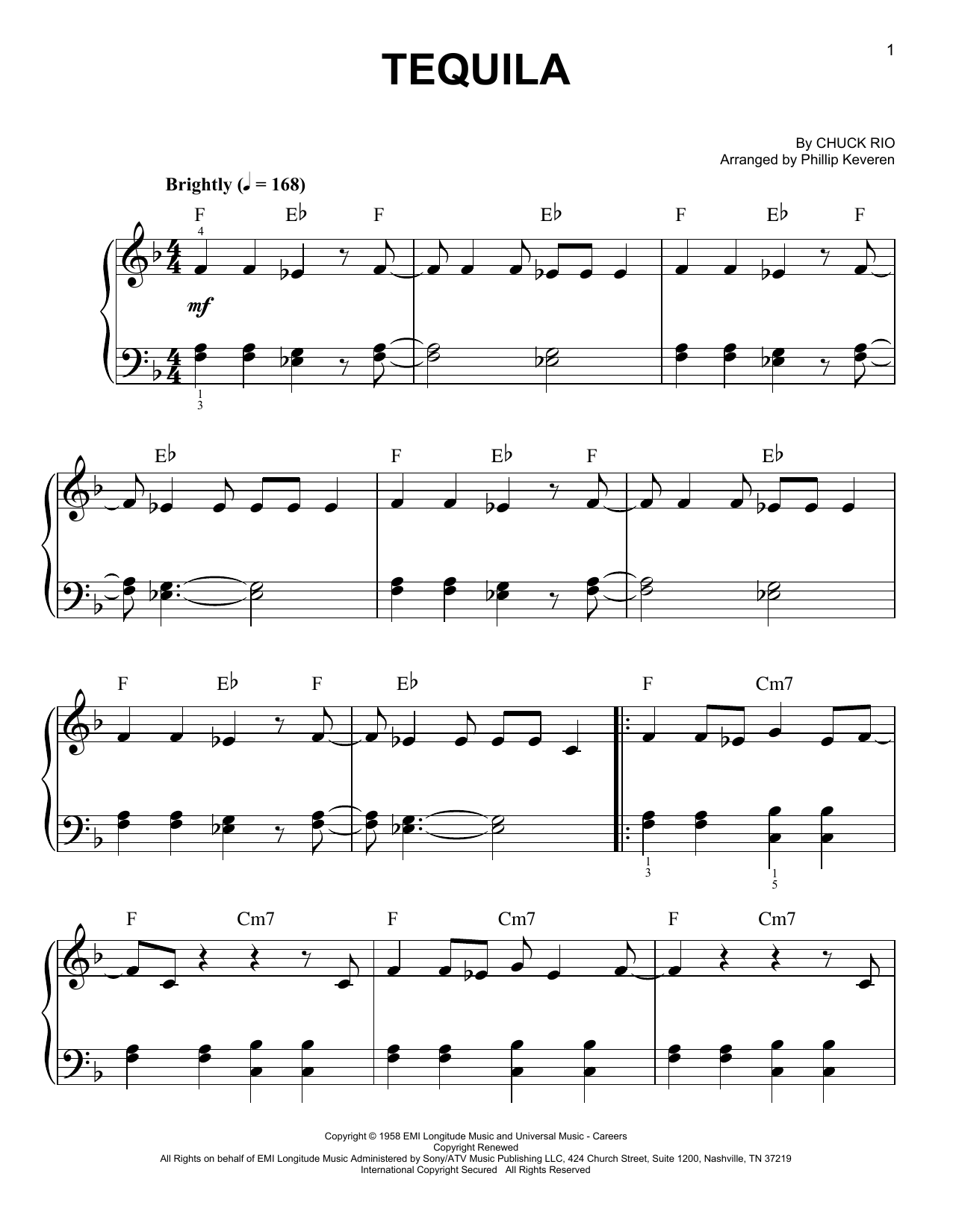 The Champs Tequila (arr. Phillip Keveren) sheet music notes and chords arranged for Easy Piano