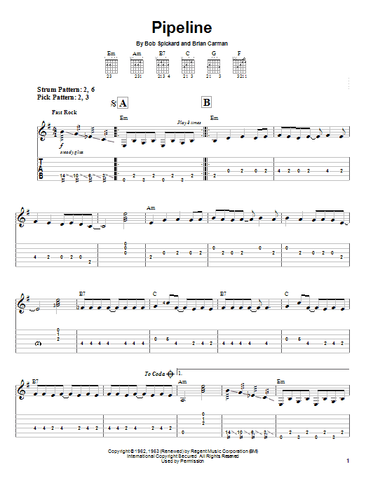 The Chantays Pipeline sheet music notes and chords arranged for Guitar Tab (Single Guitar)