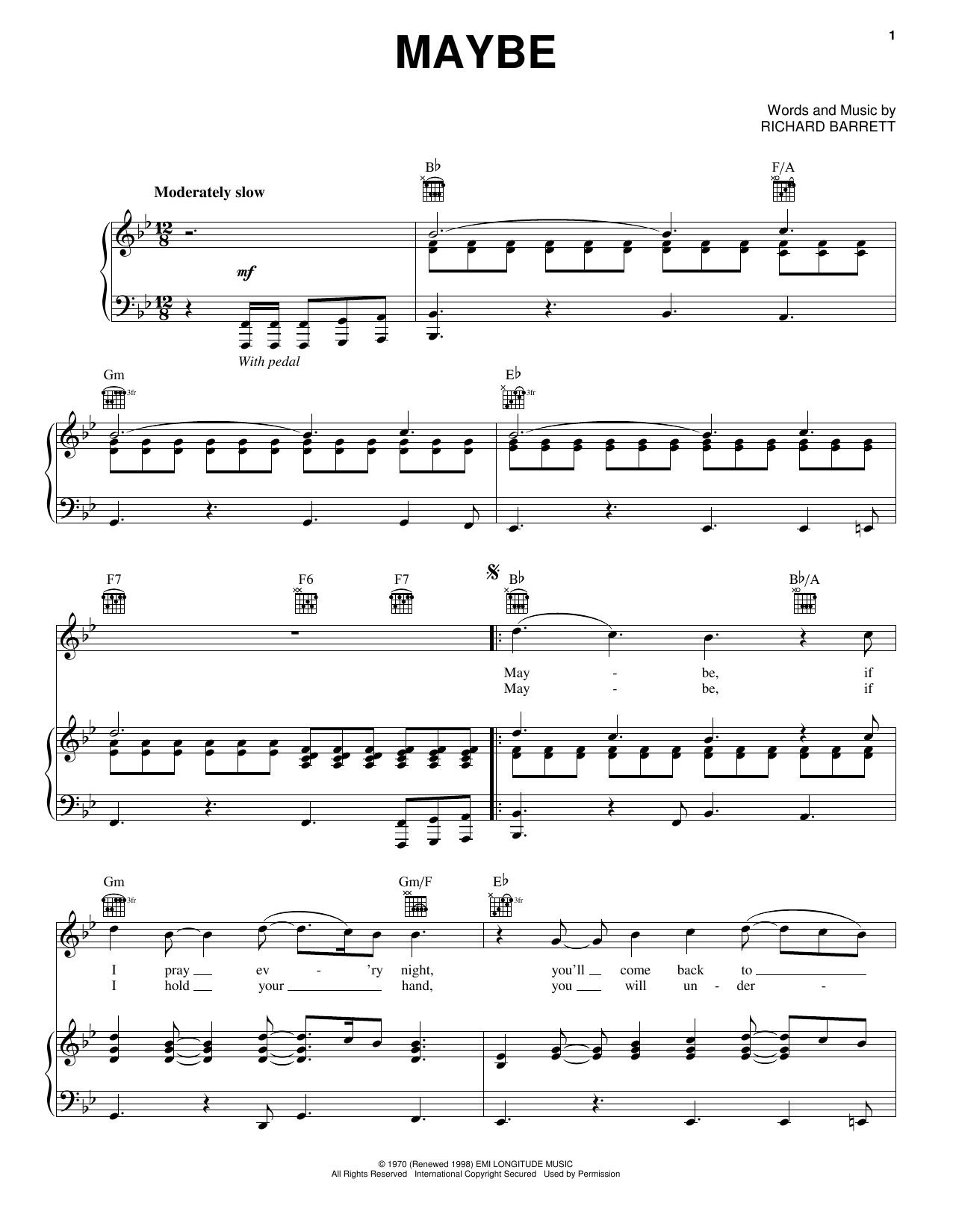 The Chantels Maybe sheet music notes and chords arranged for Piano, Vocal & Guitar Chords (Right-Hand Melody)