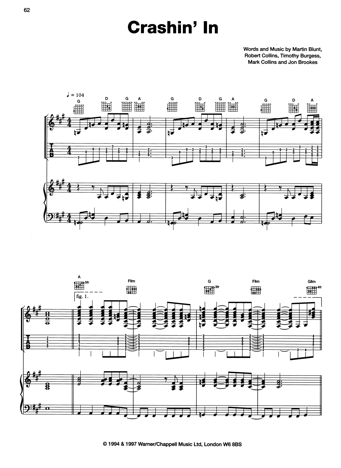 The Charlatans Crashin' In sheet music notes and chords arranged for Piano, Vocal & Guitar Chords (Right-Hand Melody)