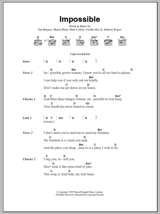 The Charlatans Impossible sheet music notes and chords arranged for Guitar Chords/Lyrics