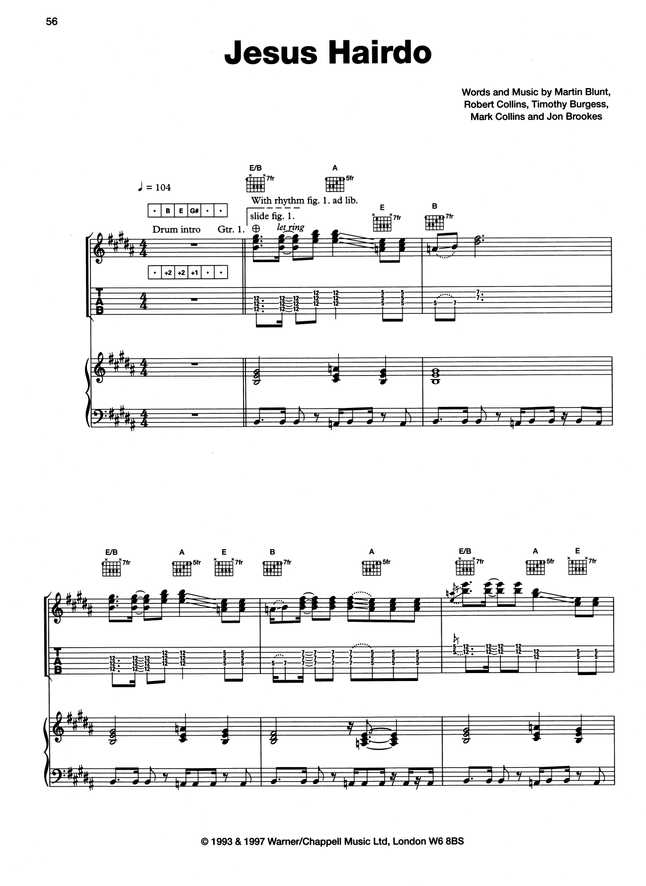 The Charlatans Jesus Hairdo sheet music notes and chords arranged for Piano, Vocal & Guitar Chords (Right-Hand Melody)