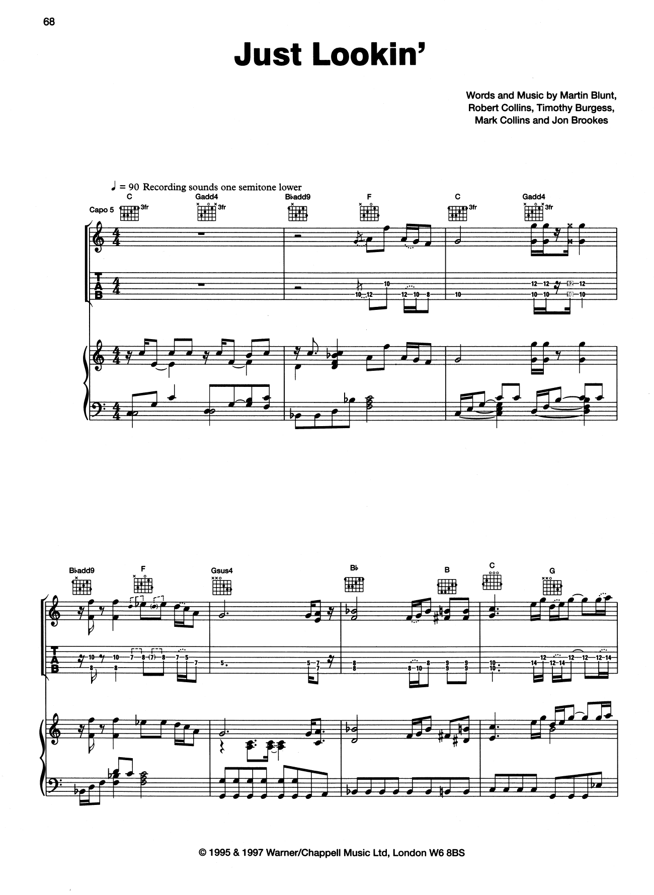 The Charlatans Just Lookin' sheet music notes and chords arranged for Piano, Vocal & Guitar Chords (Right-Hand Melody)