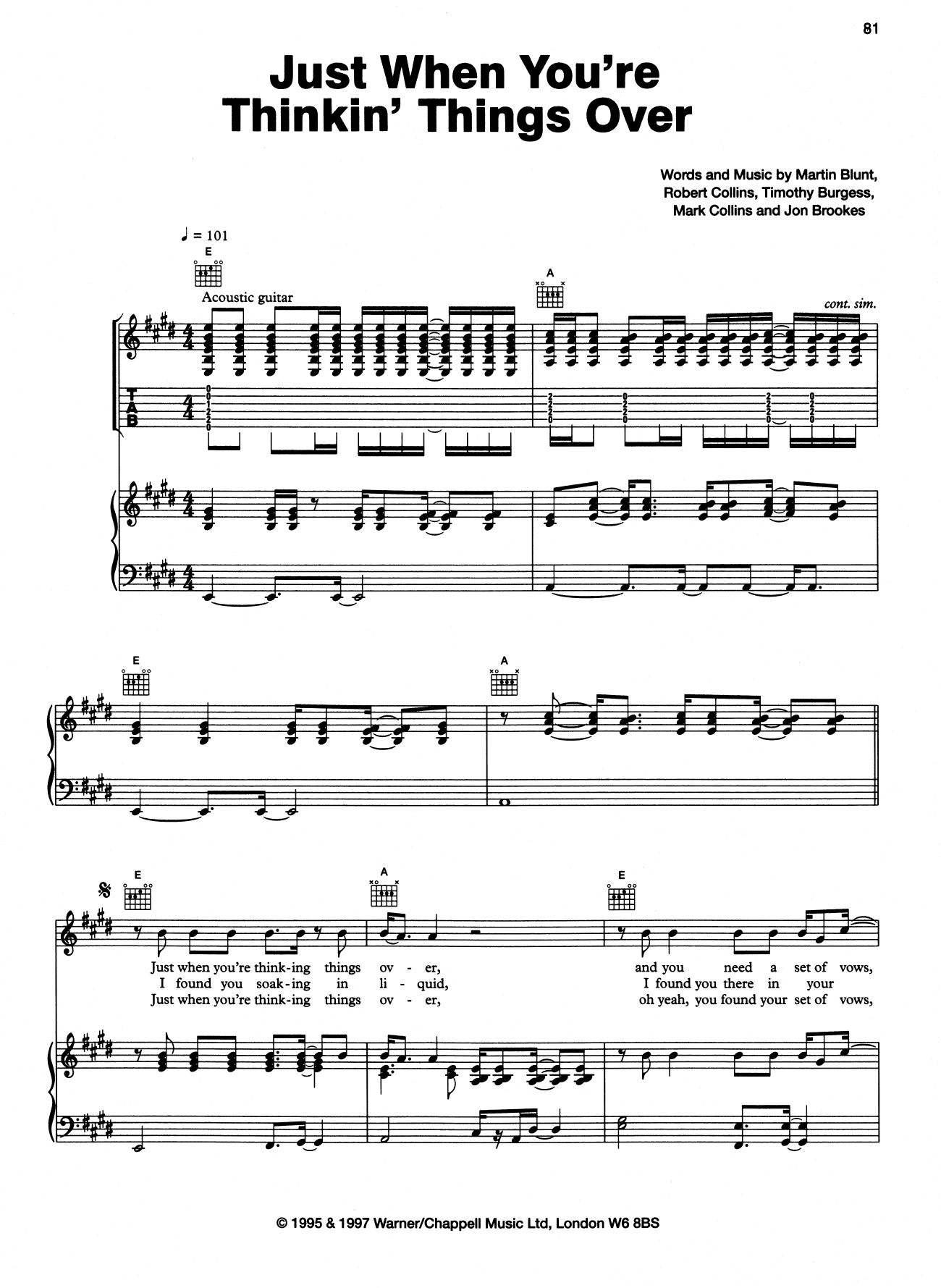 The Charlatans Just When You're Thinkin' Things Over sheet music notes and chords arranged for Piano, Vocal & Guitar Chords (Right-Hand Melody)