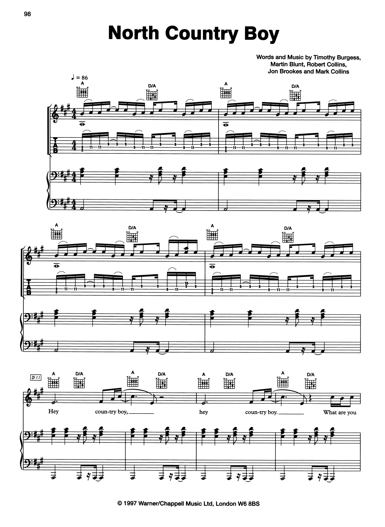The Charlatans North Country Boy sheet music notes and chords arranged for Guitar Chords/Lyrics