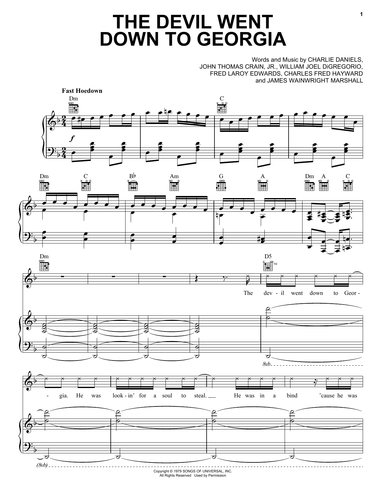 Charlie Daniels Band The Devil Went Down To Georgia sheet music notes and chords arranged for Easy Piano