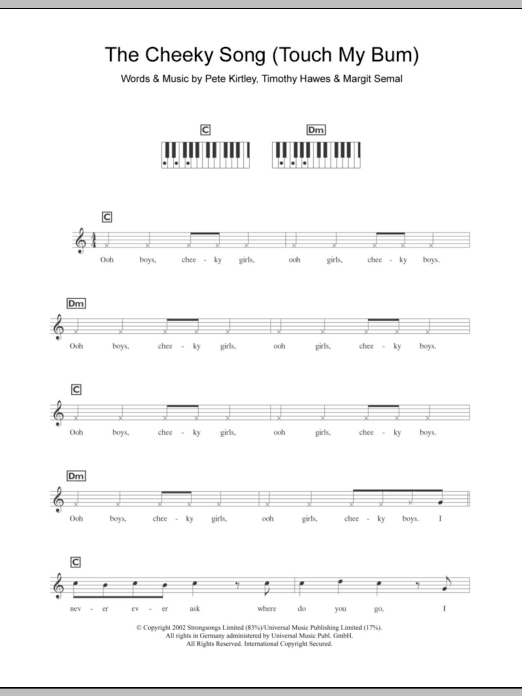 The Cheeky Girls The Cheeky Song (Touch My Bum) sheet music notes and chords arranged for Piano Chords/Lyrics