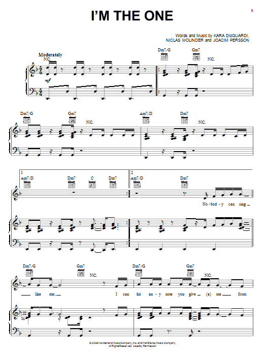 The Cheetah Girls I'm The One sheet music notes and chords arranged for Piano, Vocal & Guitar Chords (Right-Hand Melody)