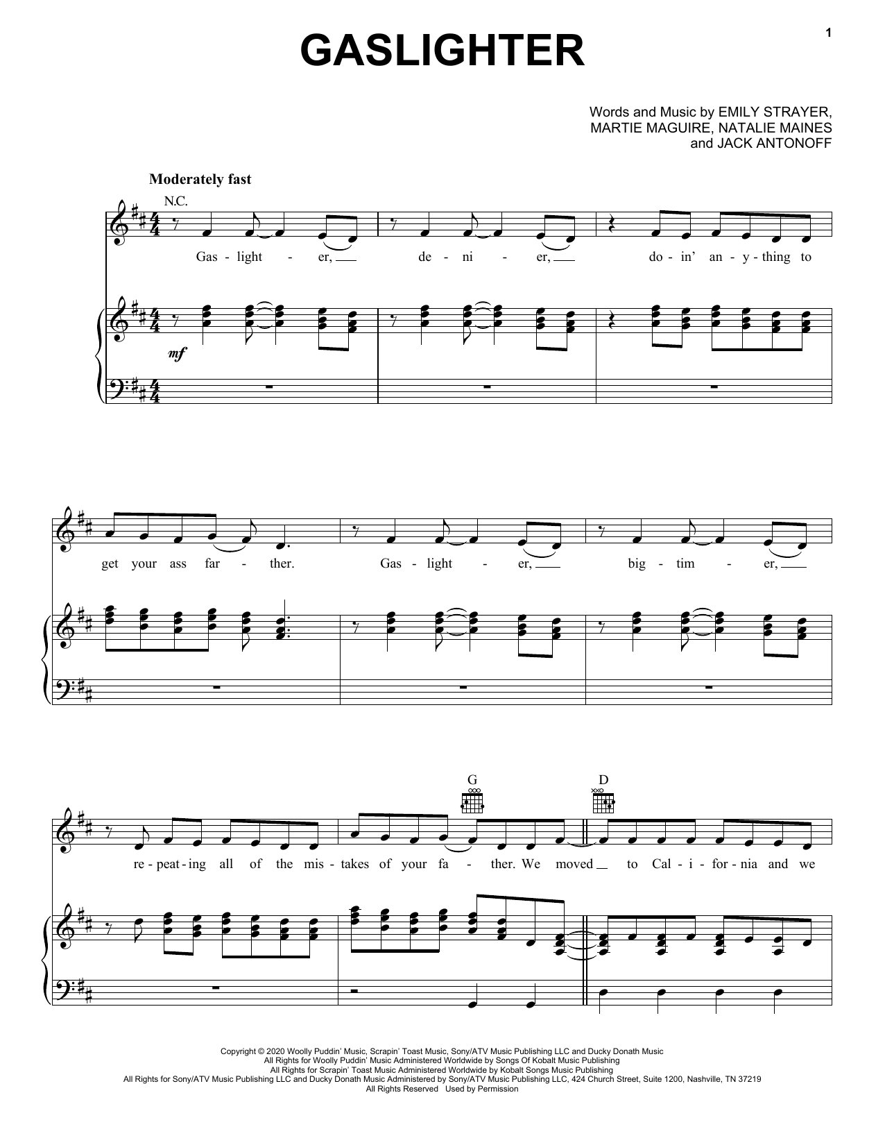The Chicks Gaslighter sheet music notes and chords arranged for Piano, Vocal & Guitar Chords (Right-Hand Melody)