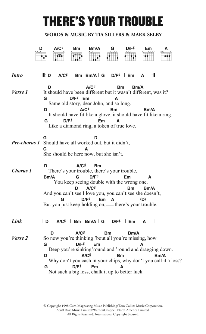 The Chicks There's Your Trouble sheet music notes and chords arranged for Guitar Chords/Lyrics