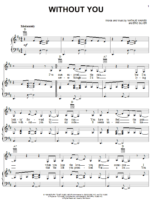 The Chicks Without You sheet music notes and chords arranged for Piano, Vocal & Guitar Chords (Right-Hand Melody)