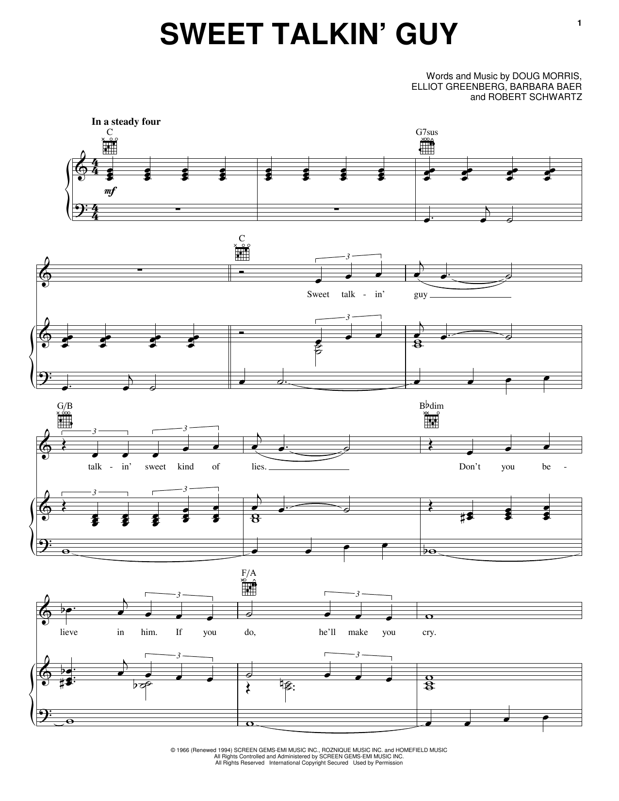 The Chiffons Sweet Talkin' Guy sheet music notes and chords arranged for Piano, Vocal & Guitar Chords (Right-Hand Melody)
