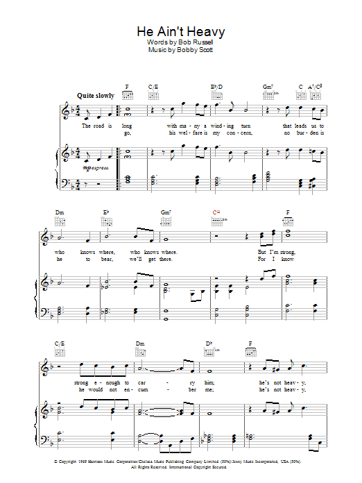 The Choirboys He Ain't Heavy, He's My Brother sheet music notes and chords arranged for Piano, Vocal & Guitar Chords