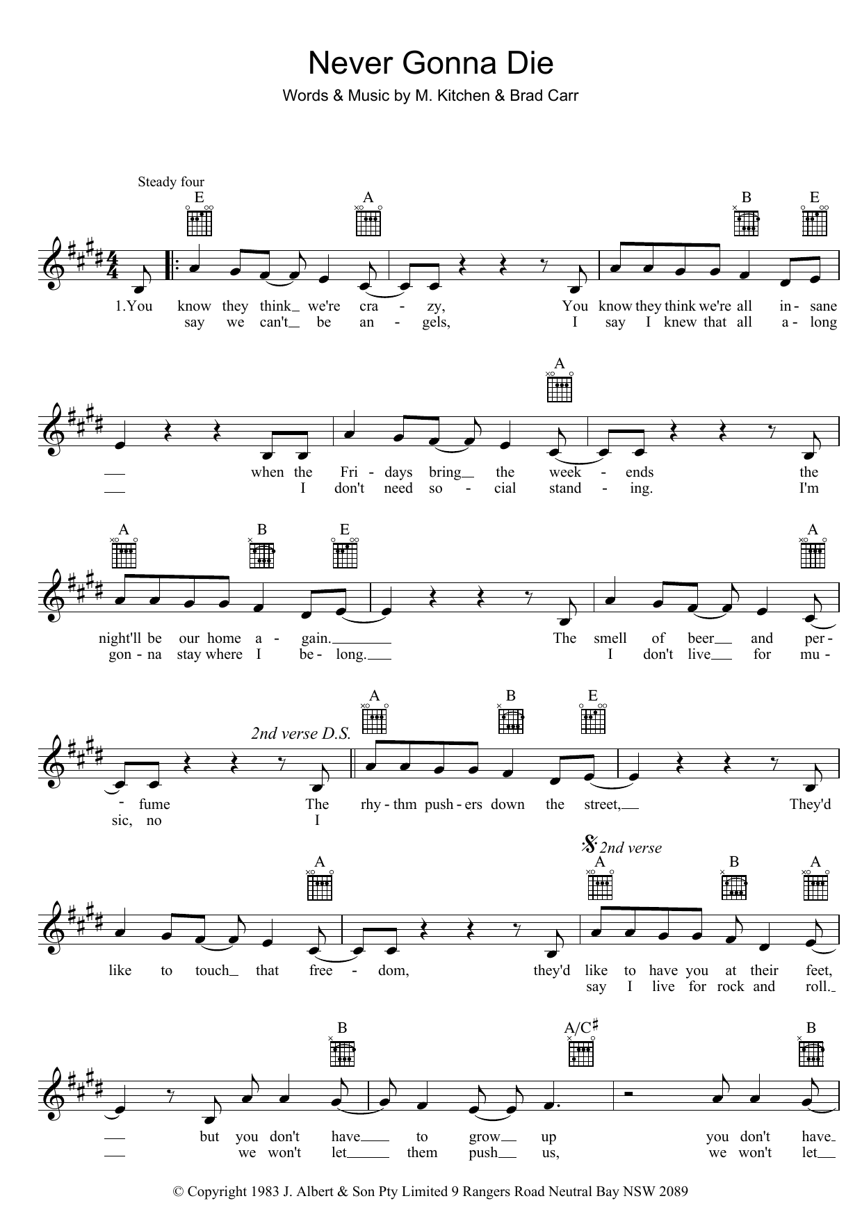 The Choirboys Never Gonna Die sheet music notes and chords arranged for Lead Sheet / Fake Book