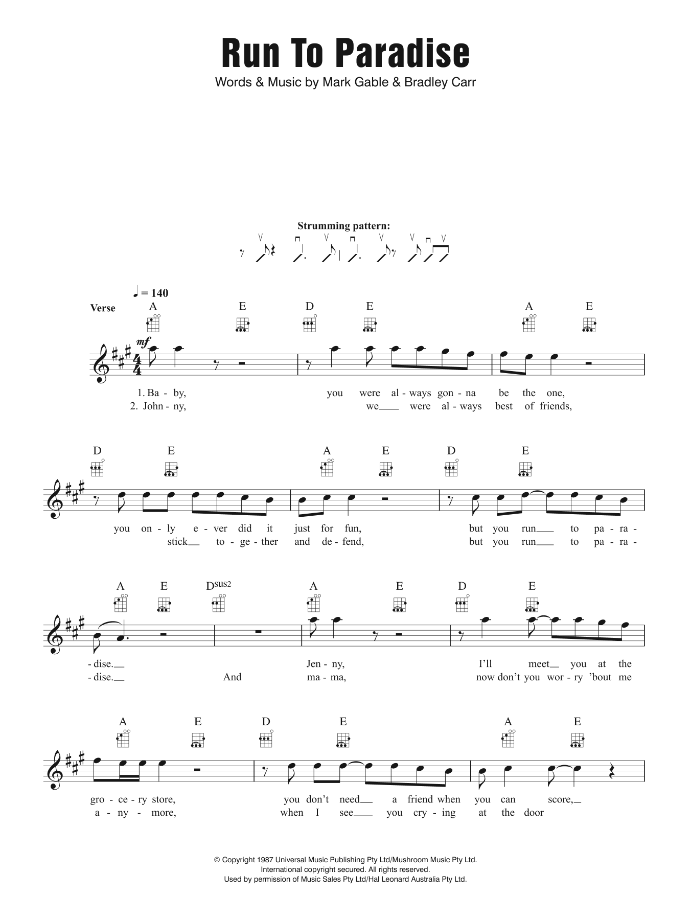 The Choirboys Run To Paradise sheet music notes and chords arranged for Ukulele