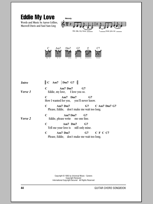 The Chordettes Eddie My Love sheet music notes and chords arranged for Piano, Vocal & Guitar Chords (Right-Hand Melody)