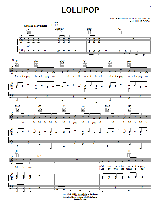 The Chordettes Lollipop sheet music notes and chords arranged for Piano, Vocal & Guitar Chords (Right-Hand Melody)
