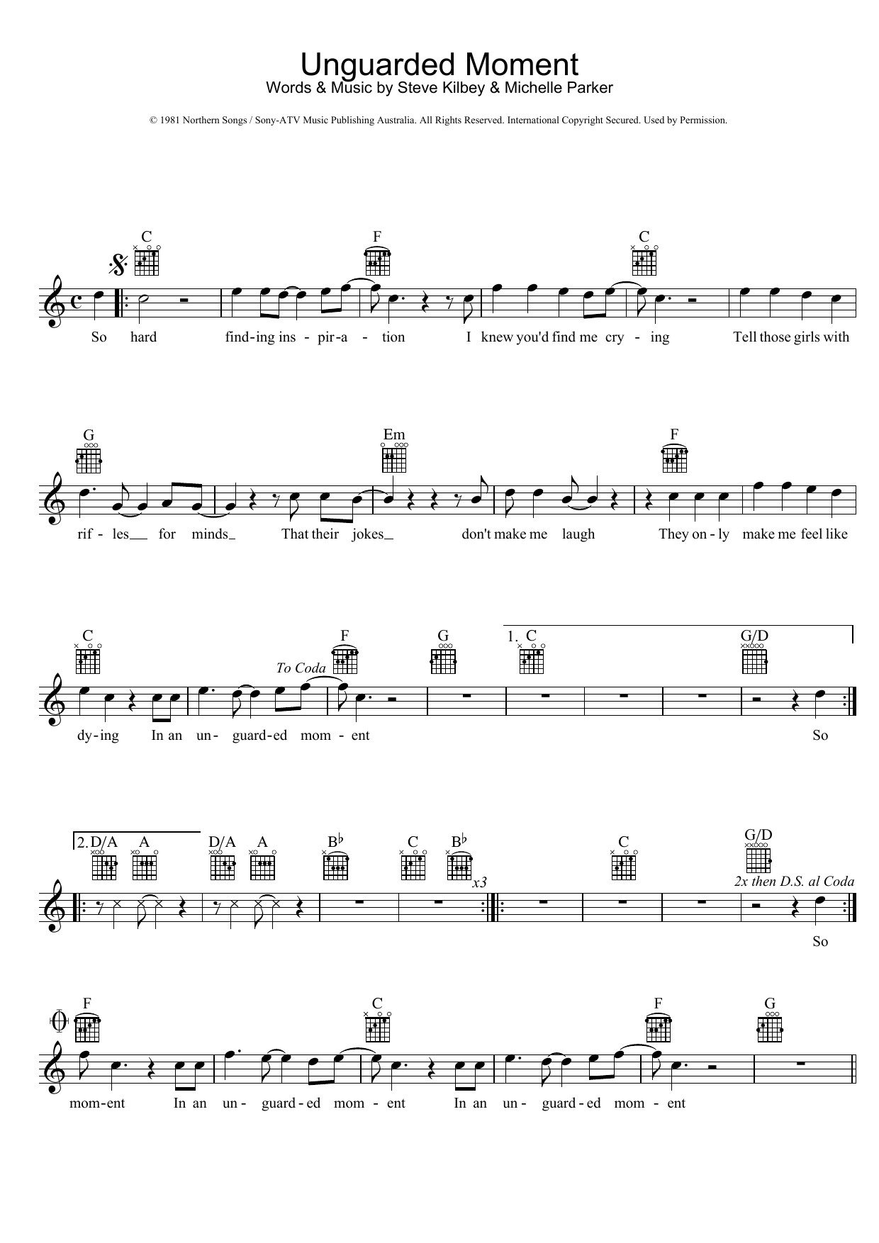 The Church Unguarded Moment sheet music notes and chords arranged for Lead Sheet / Fake Book