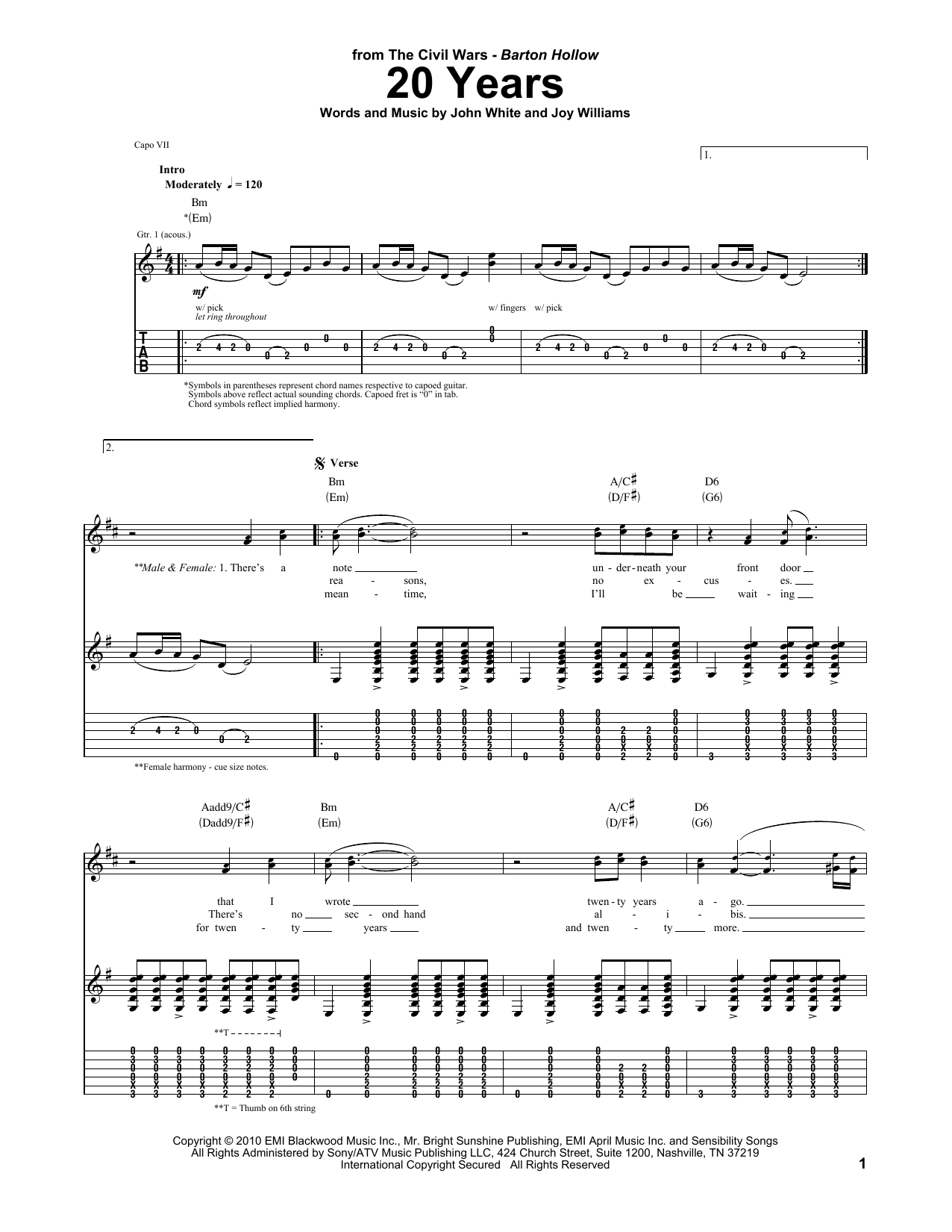 The Civil Wars 20 Years sheet music notes and chords arranged for Guitar Tab