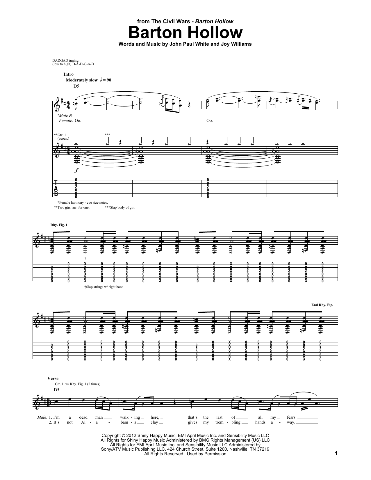 The Civil Wars Barton Hollow sheet music notes and chords arranged for Piano, Vocal & Guitar Chords (Right-Hand Melody)