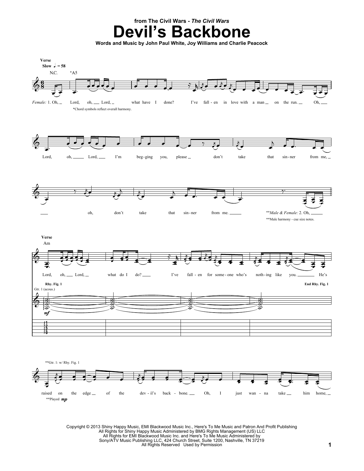 The Civil Wars Devil's Backbone sheet music notes and chords arranged for Guitar Tab