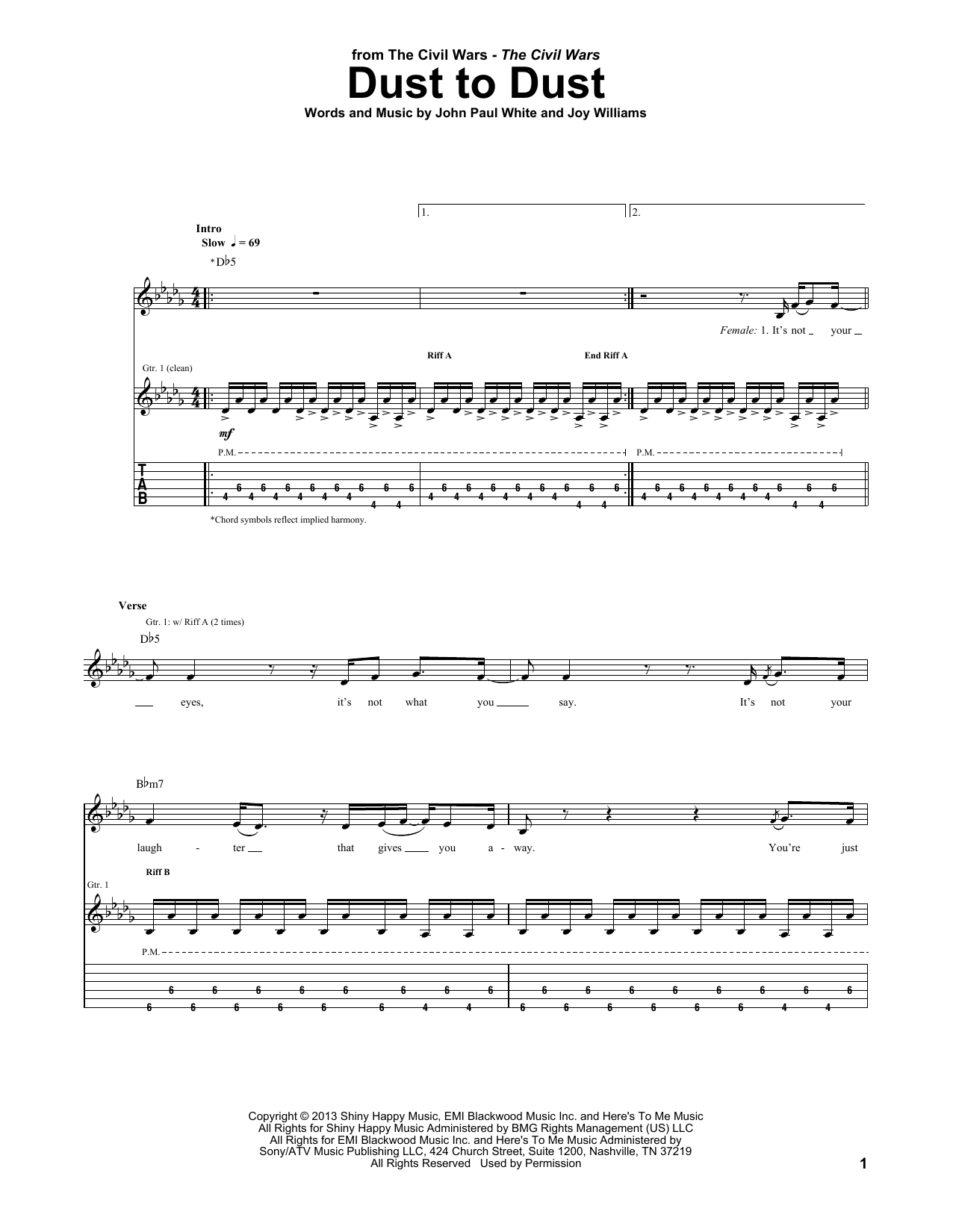 The Civil Wars Dust To Dust sheet music notes and chords arranged for Guitar Tab