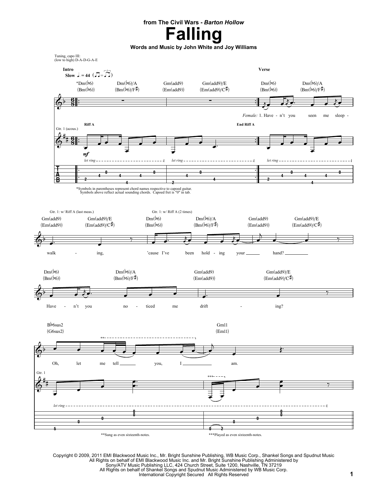 The Civil Wars Falling sheet music notes and chords arranged for Guitar Tab