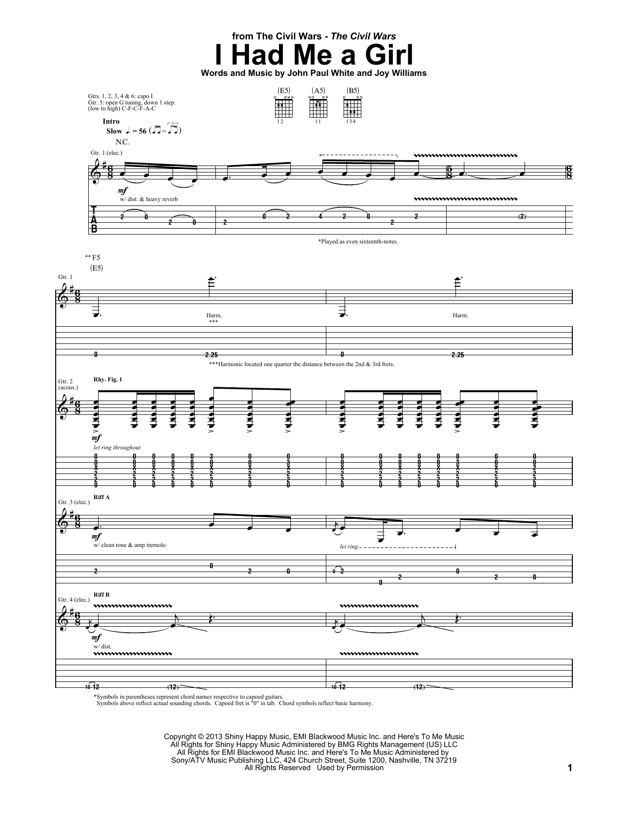 The Civil Wars I Had Me A Girl sheet music notes and chords arranged for Guitar Tab