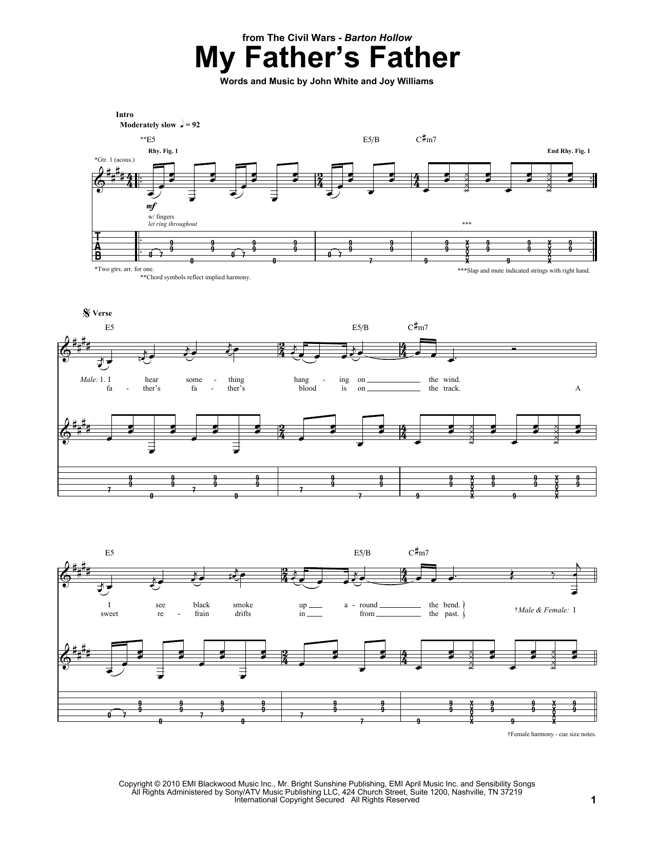 The Civil Wars My Father's Father sheet music notes and chords arranged for Guitar Tab