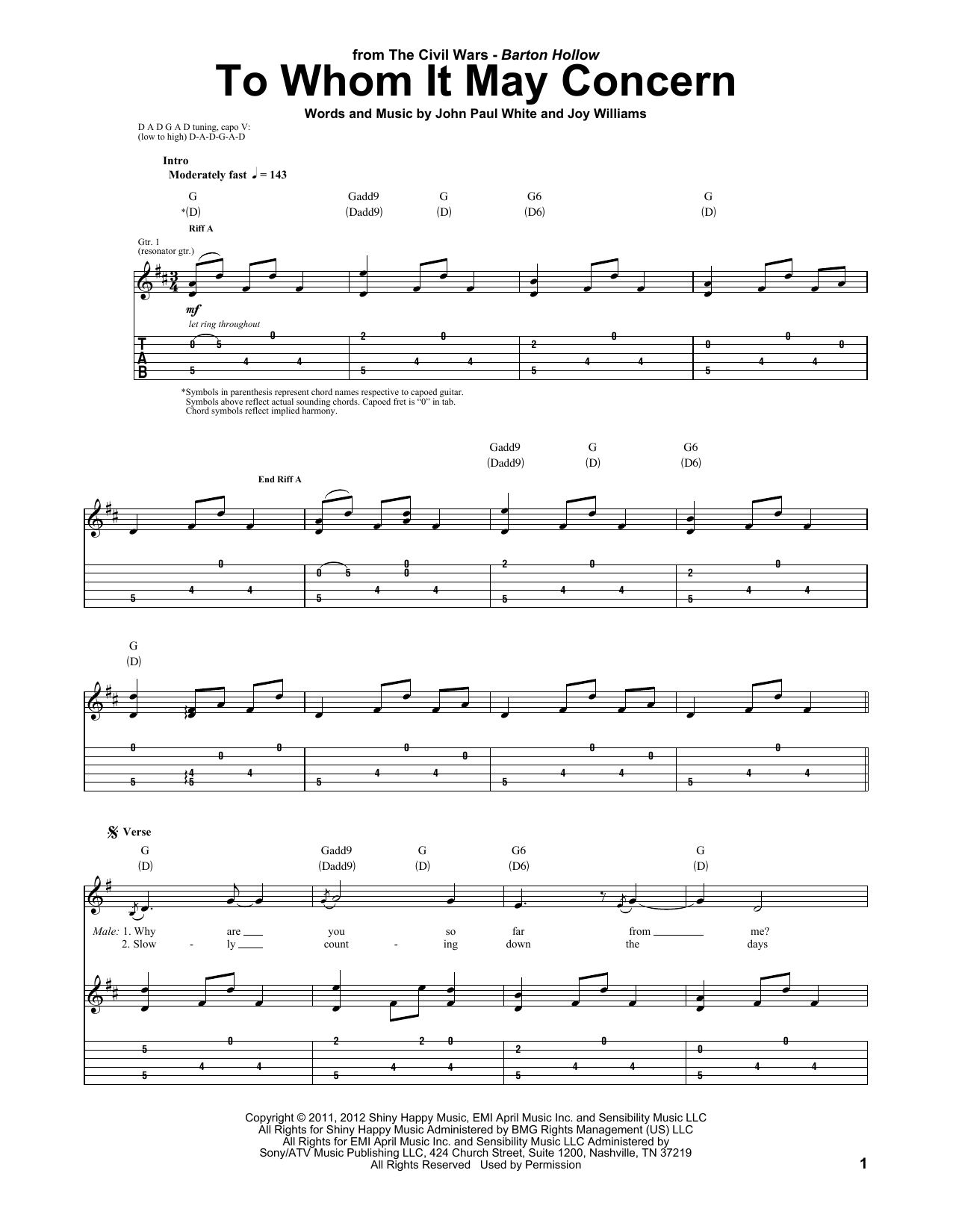 The Civil Wars To Whom It May Concern sheet music notes and chords arranged for Guitar Tab