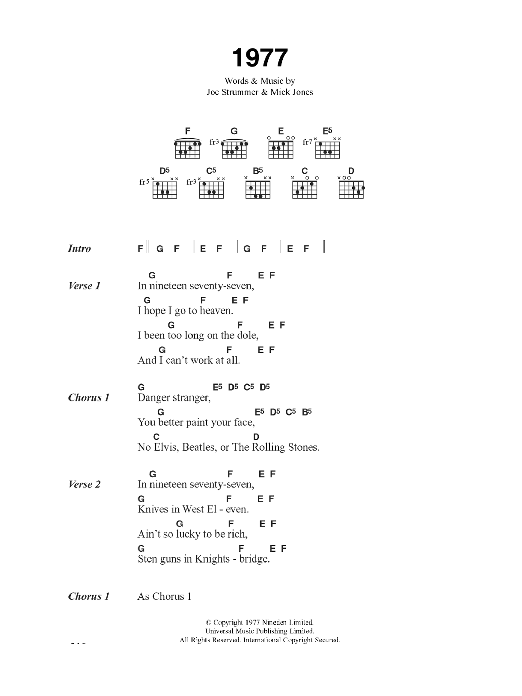 The Clash 1977 sheet music notes and chords arranged for Guitar Chords/Lyrics