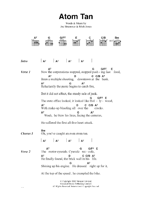 The Clash Atom Tan sheet music notes and chords arranged for Guitar Chords/Lyrics