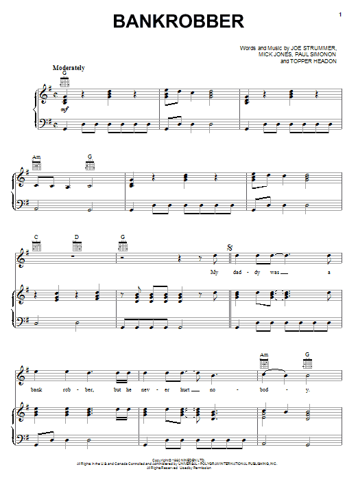 The Clash Bankrobber sheet music notes and chords arranged for Piano, Vocal & Guitar Chords (Right-Hand Melody)