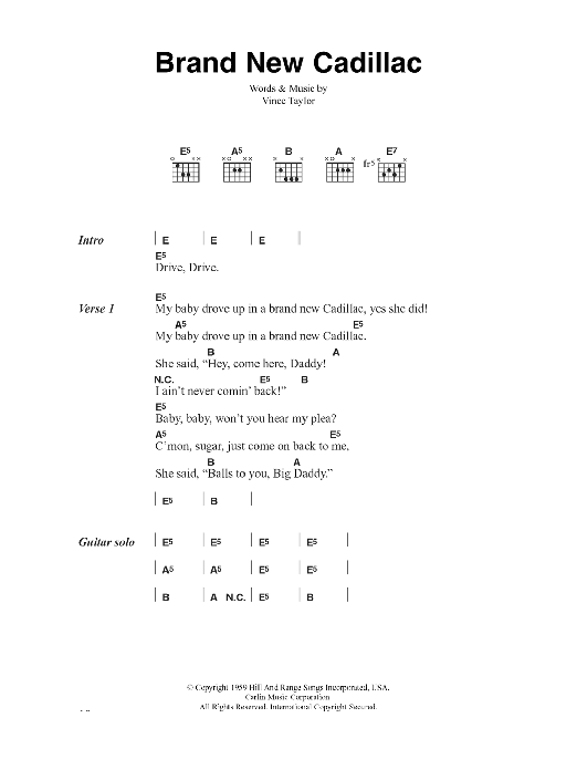 The Clash Brand New Cadillac sheet music notes and chords arranged for Guitar Chords/Lyrics