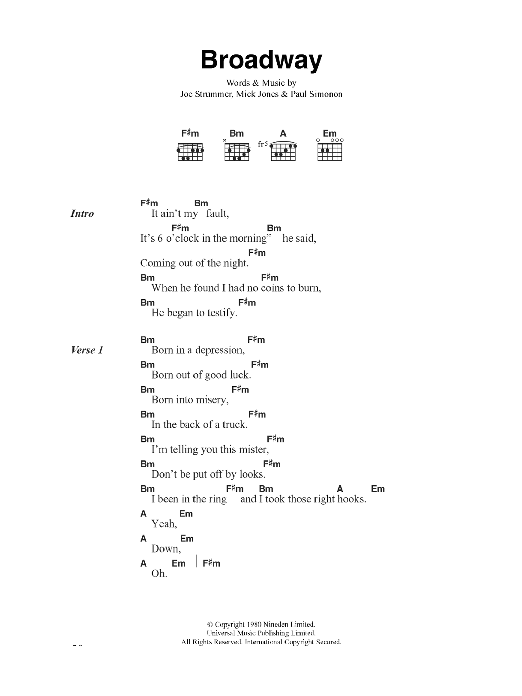 The Clash Broadway sheet music notes and chords arranged for Guitar Chords/Lyrics