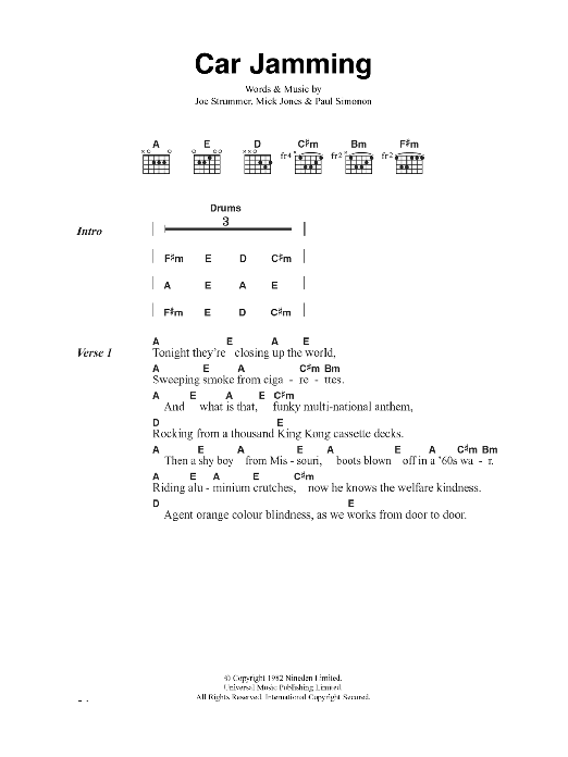 The Clash Car Jamming sheet music notes and chords arranged for Guitar Chords/Lyrics