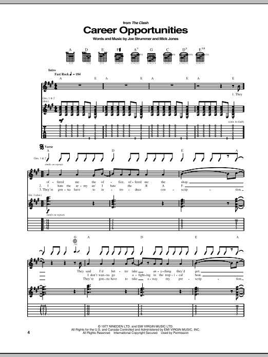 The Clash Career Opportunities sheet music notes and chords arranged for Guitar Tab