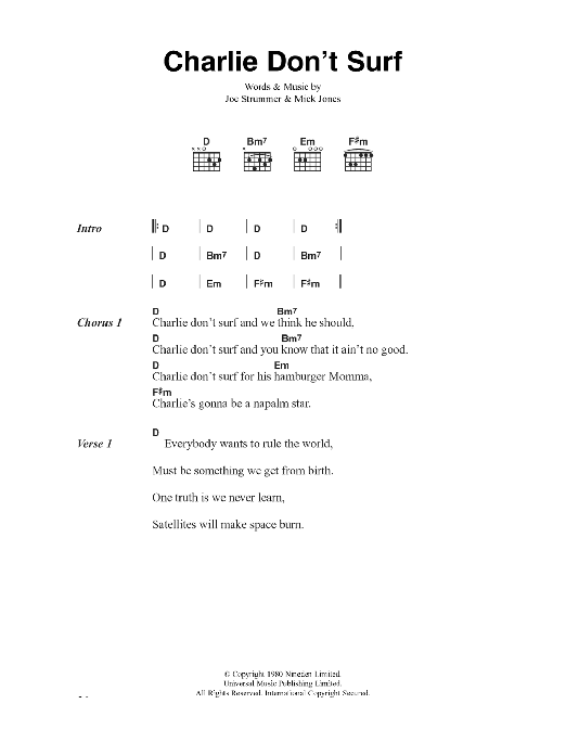 The Clash Charlie Don't Surf sheet music notes and chords arranged for Guitar Chords/Lyrics