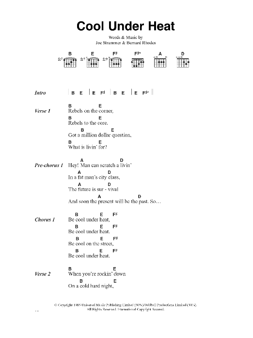 The Clash Cool Under Heat sheet music notes and chords arranged for Guitar Chords/Lyrics