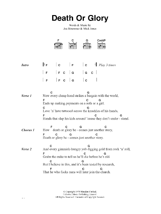 The Clash Death Or Glory sheet music notes and chords arranged for Guitar Chords/Lyrics