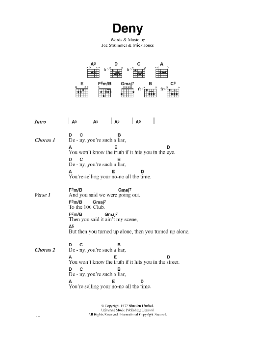 The Clash Deny sheet music notes and chords arranged for Guitar Chords/Lyrics