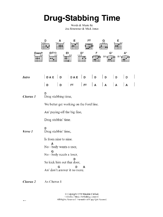 The Clash Drug-Stabbing Time sheet music notes and chords arranged for Guitar Chords/Lyrics