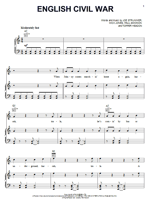 The Clash English Civil War sheet music notes and chords arranged for Piano, Vocal & Guitar Chords (Right-Hand Melody)