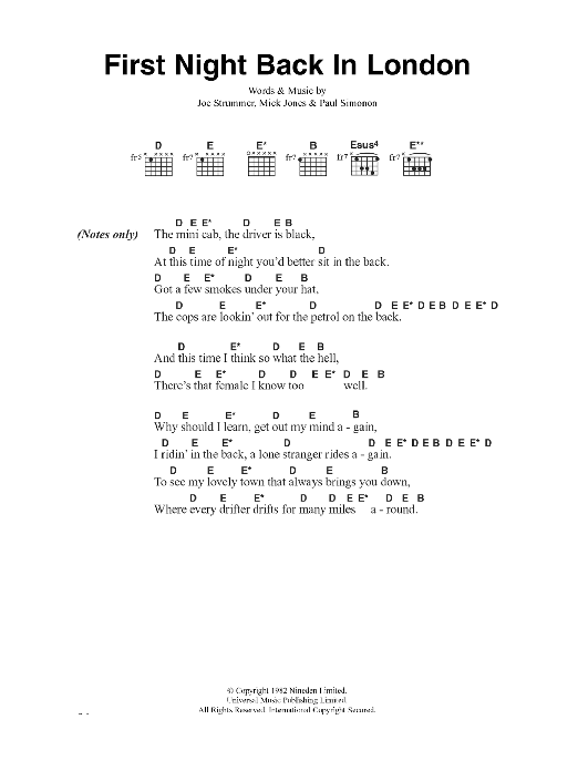 The Clash First Night Back In London sheet music notes and chords arranged for Guitar Chords/Lyrics