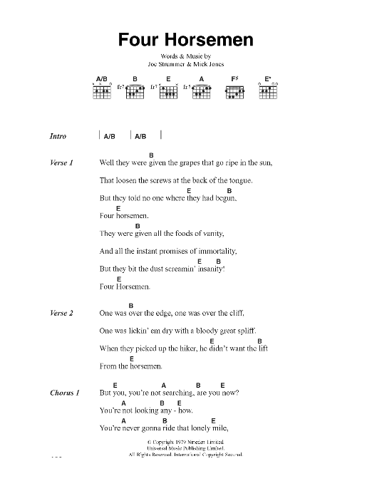 The Clash Four Horsemen sheet music notes and chords arranged for Guitar Chords/Lyrics