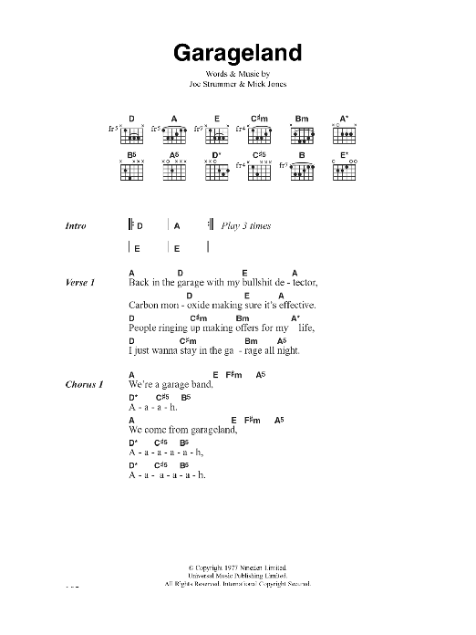 The Clash Garageland sheet music notes and chords arranged for Guitar Chords/Lyrics