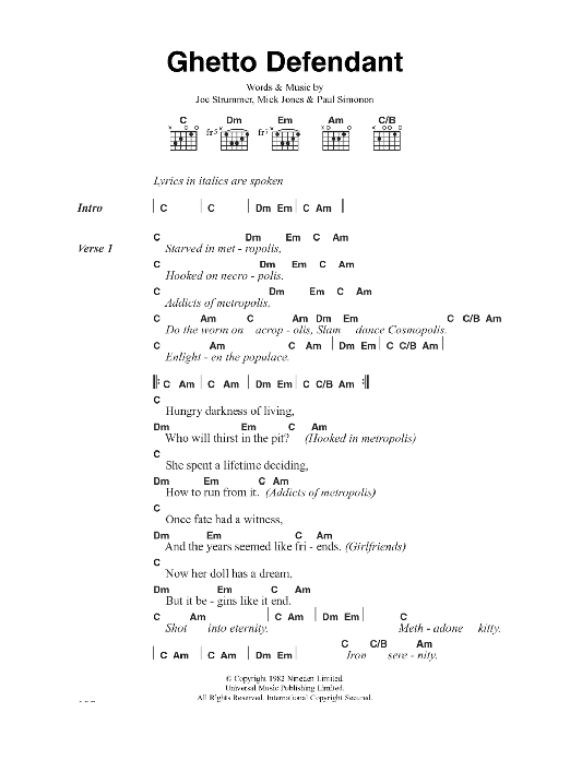 The Clash Ghetto Defendant sheet music notes and chords arranged for Guitar Chords/Lyrics