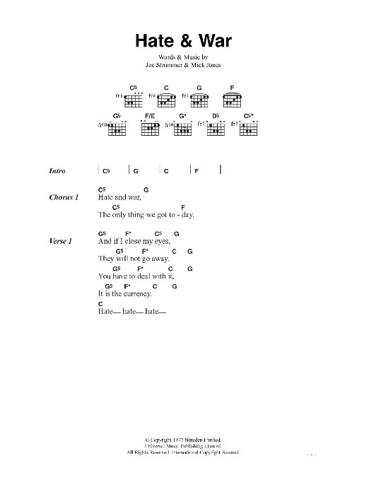 The Clash Hate & War sheet music notes and chords arranged for Guitar Chords/Lyrics