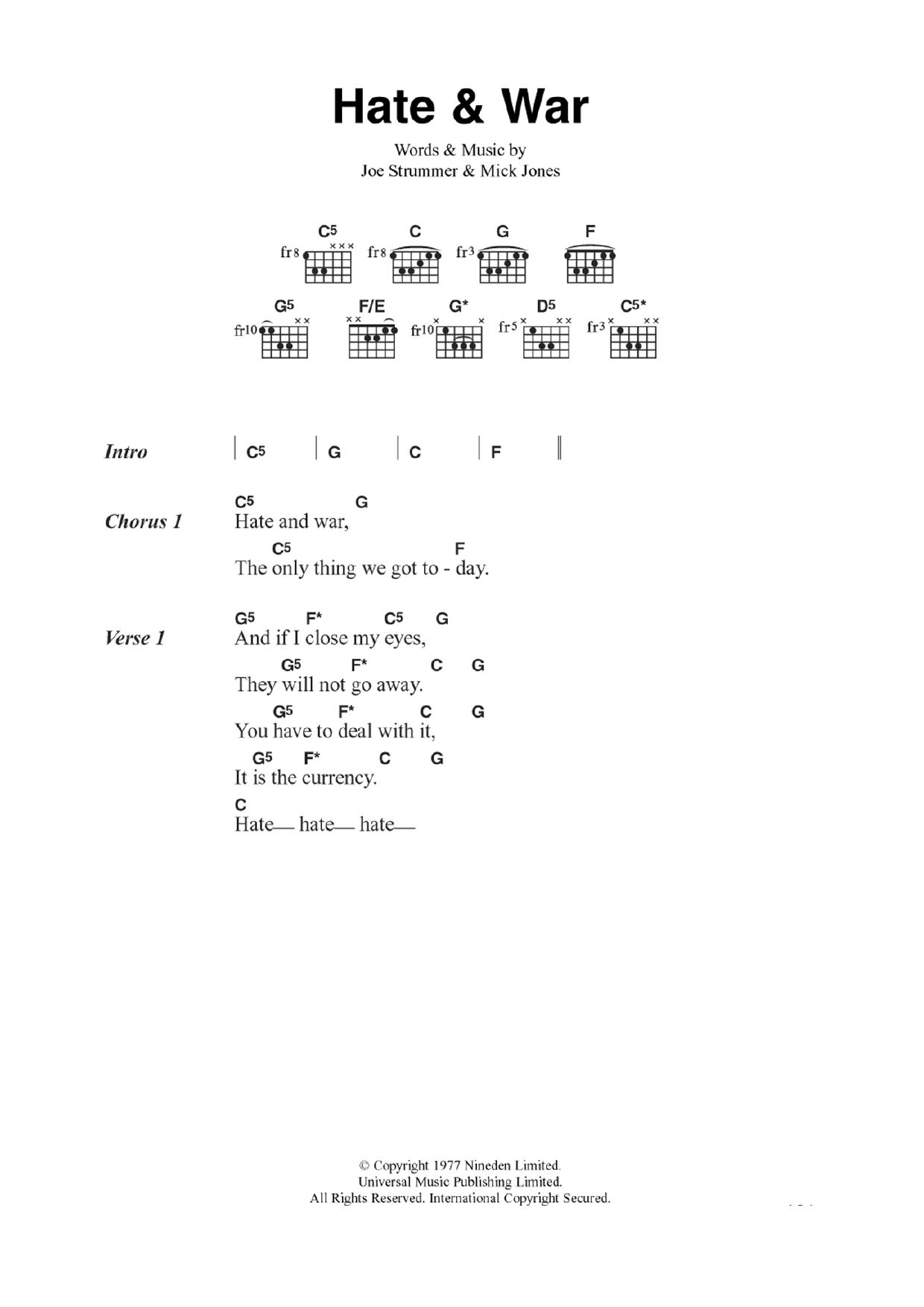 The Clash Hate and War sheet music notes and chords arranged for Guitar Chords/Lyrics