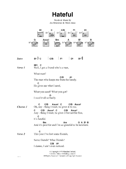 The Clash Hateful sheet music notes and chords arranged for Guitar Chords/Lyrics